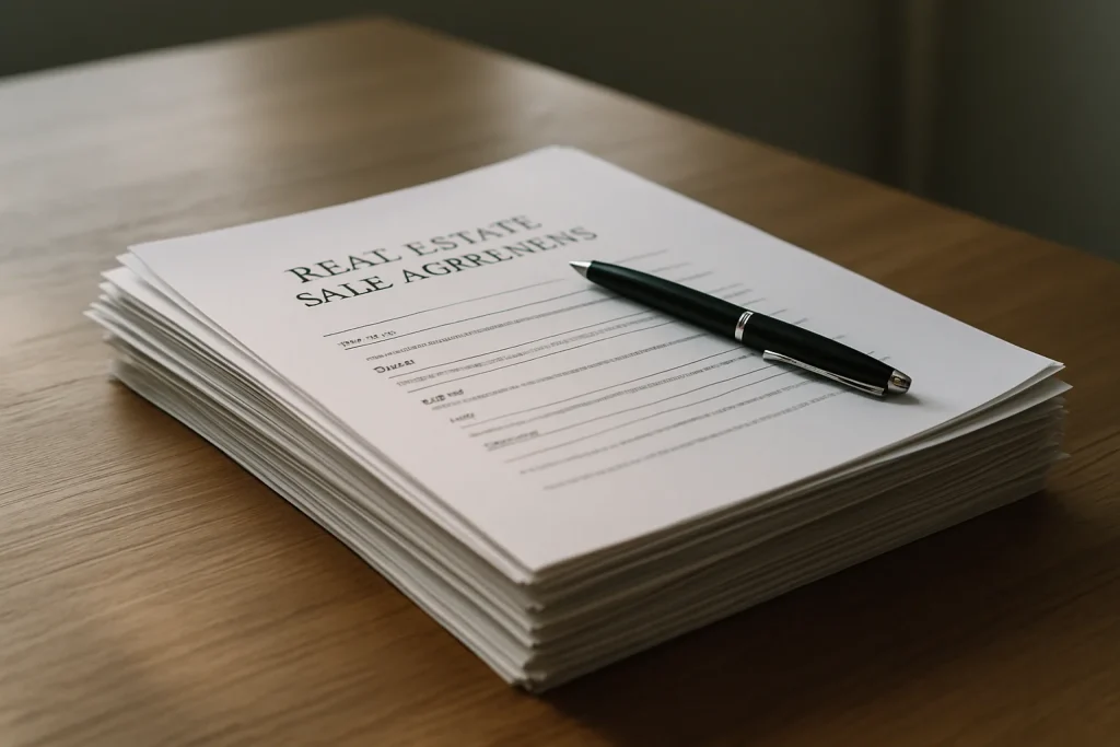 Pile de documents officiels sur un bureau en bois, éclairée par une lumière douce.