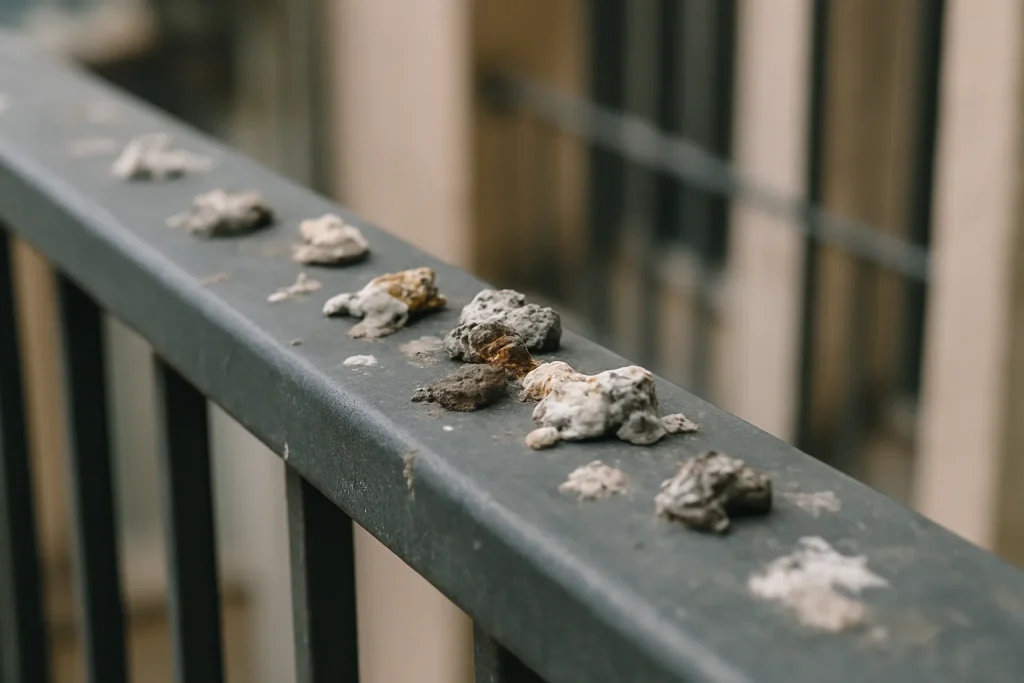 Gros plan sur des fientes de pigeons sur une rampe de balcon métallique sous lumière naturelle.