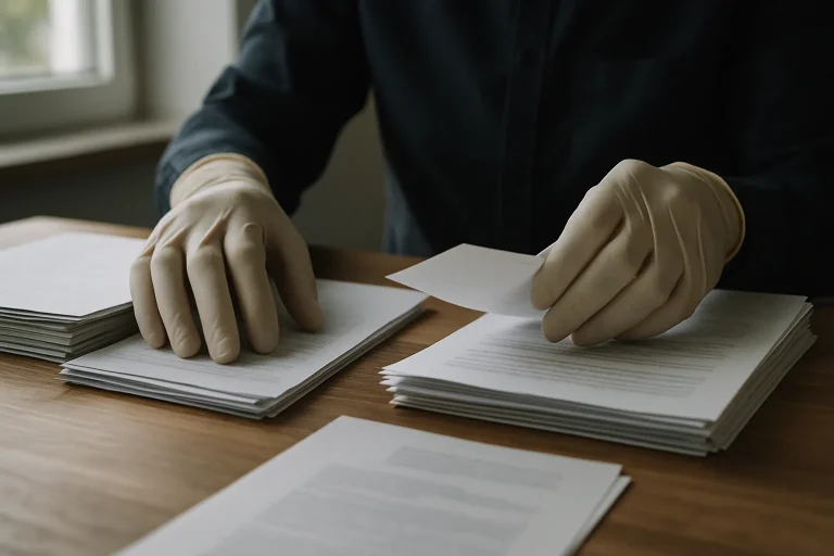 Mains triant des papiers importants sur une table, lumière naturelle.