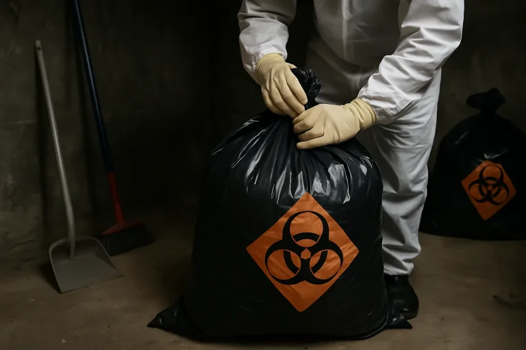 Mains gantées manipulant des sacs de déchets dangereux dans un sous-sol sombre.