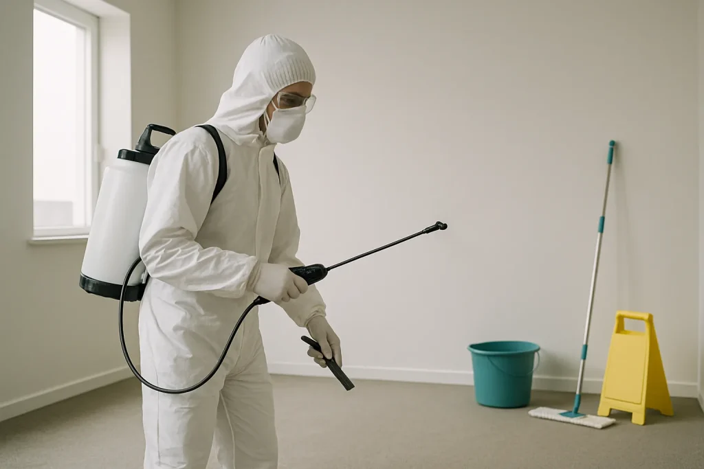 Un professionnel désinfectant une pièce vide dans une maison héritée.