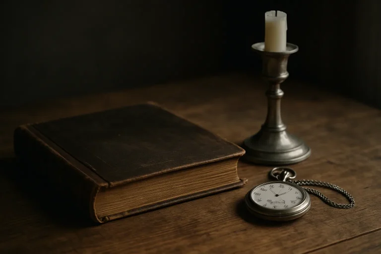 Ancien album photo, montre à gousset et chandelier en argent sur table en bois.